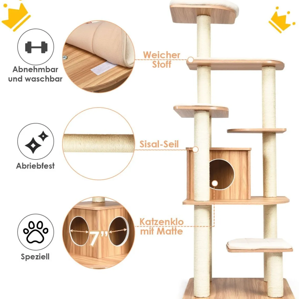 175cm Katzenbaum 6-stufiger Katzenkratzbaum Holz Kratzbaum Spielhaus mit Höhle & Matten