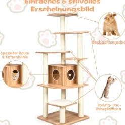 175cm Katzenbaum 6-stufiger Katzenkratzbaum Holz Kratzbaum Spielhaus mit Höhle & Matten