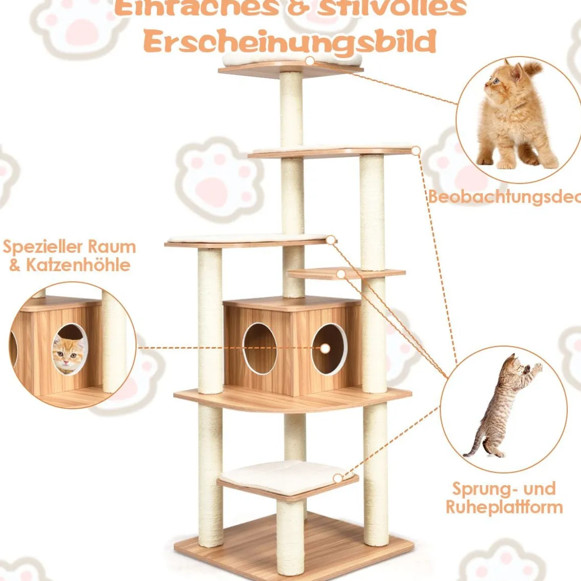 175cm Katzenbaum 6-stufiger Katzenkratzbaum Holz Kratzbaum Spielhaus mit Höhle & Matten