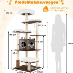 175cm Katzenbaum 6-stufiger Katzenkratzbaum Holz Kratzbaum Spielhaus mit Höhle & Matten