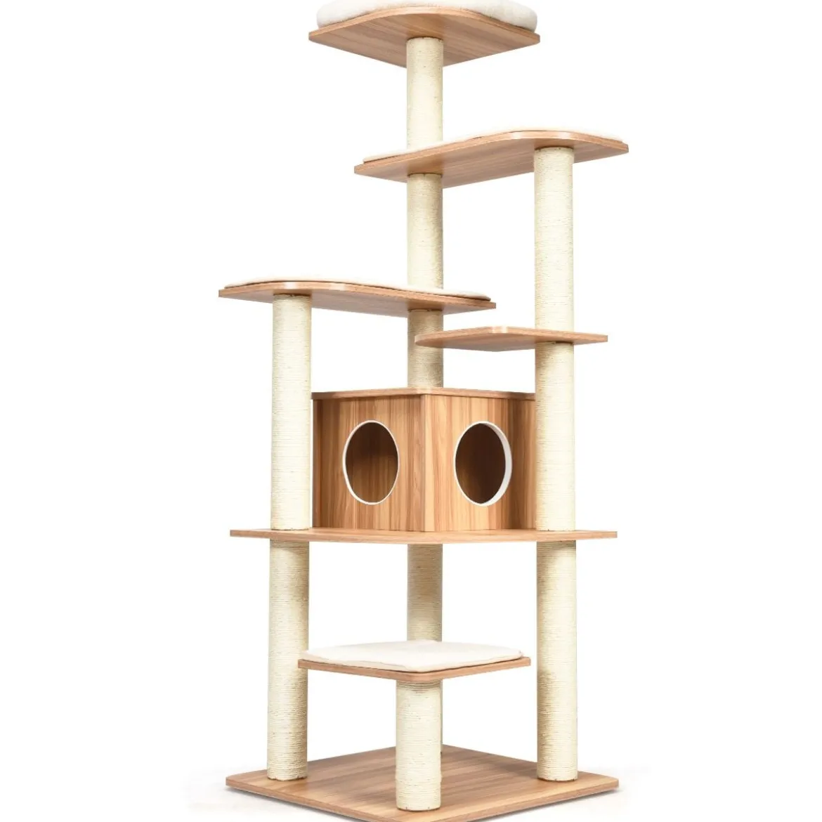 175cm Katzenbaum 6-stufiger Katzenkratzbaum Holz Kratzbaum Spielhaus mit Höhle & Matten