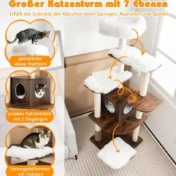 175cm Katzenbaum 6-stufiger Katzenkratzbaum Holz Kratzbaum Spielhaus mit Höhle & Matten