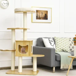 135cm Katzenbaum 4-stufiger Katzenkratzbaum Holz Kratzbaum Spielhaus mit Höhle und 4 Matten Katzenmöbel