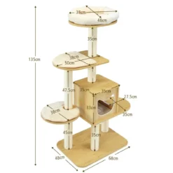 135cm Katzenbaum 4-stufiger Katzenkratzbaum Holz Kratzbaum Spielhaus mit Höhle und 4 Matten Katzenmöbel