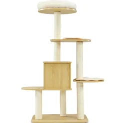 135cm Katzenbaum 4-stufiger Katzenkratzbaum Holz Kratzbaum Spielhaus mit Höhle und 4 Matten Katzenmöbel
