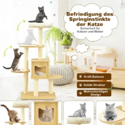 135cm Katzenbaum 4-stufiger Katzenkratzbaum Holz Kratzbaum Spielhaus mit Höhle und 4 Matten Katzenmöbel
