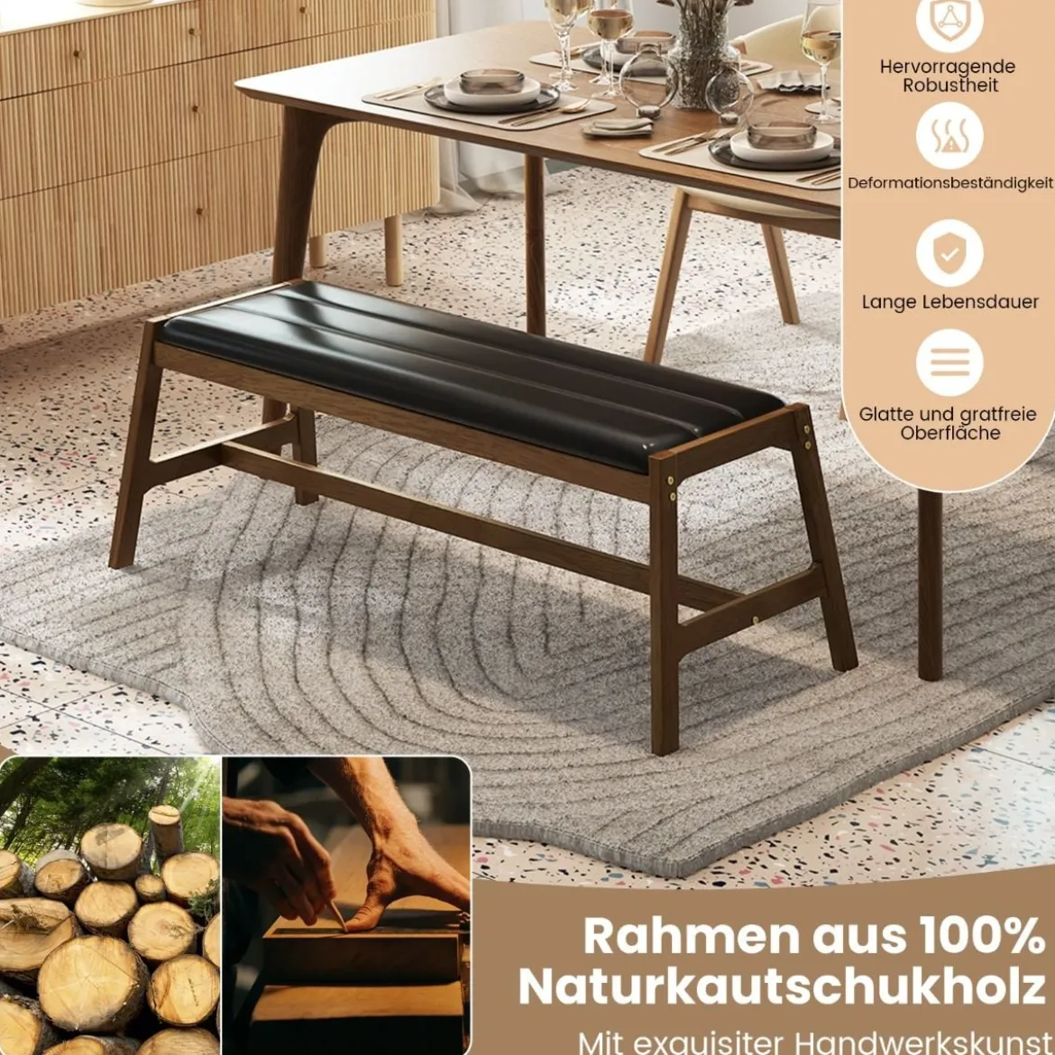 127cm Kautschukholz Sitzbank mit Sitzkissen aus Kunstleder Esszimmerbank Polsterbank Walnuss