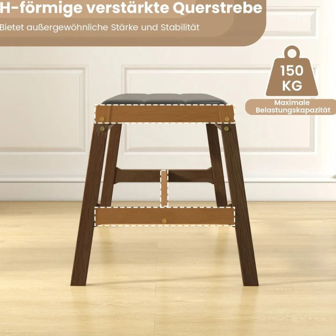 127cm Kautschukholz Sitzbank mit Sitzkissen aus Kunstleder Esszimmerbank Polsterbank Walnuss