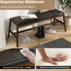 127cm Kautschukholz Sitzbank mit Sitzkissen aus Kunstleder Esszimmerbank Polsterbank Walnuss