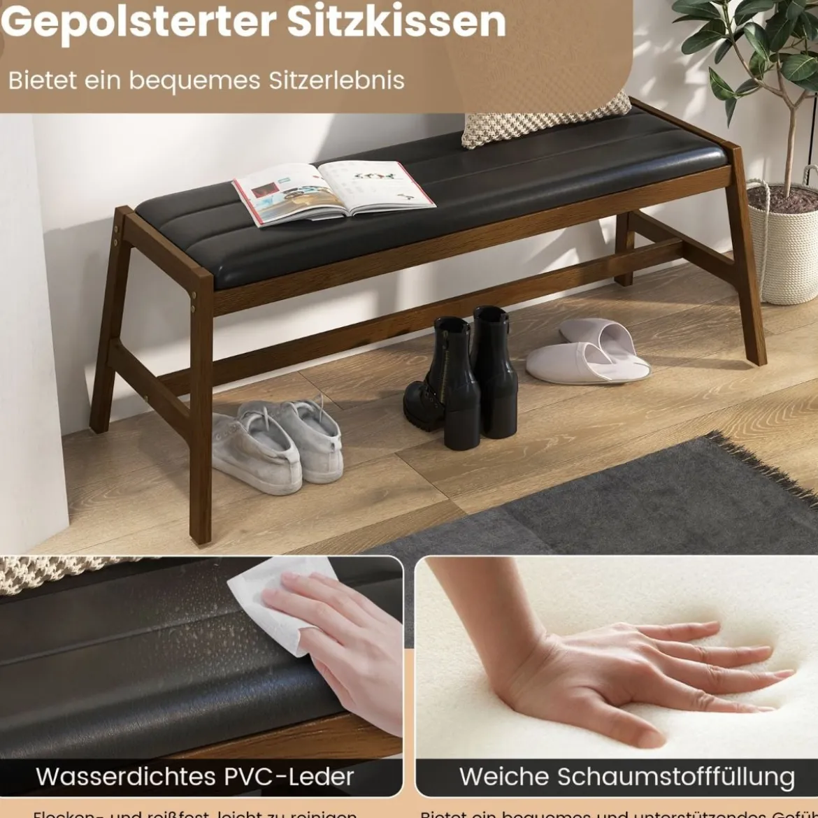 127cm Kautschukholz Sitzbank mit Sitzkissen aus Kunstleder Esszimmerbank Polsterbank Walnuss
