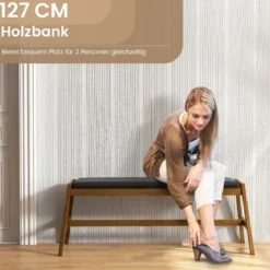 127cm Kautschukholz Sitzbank mit Sitzkissen aus Kunstleder Esszimmerbank Polsterbank Walnuss