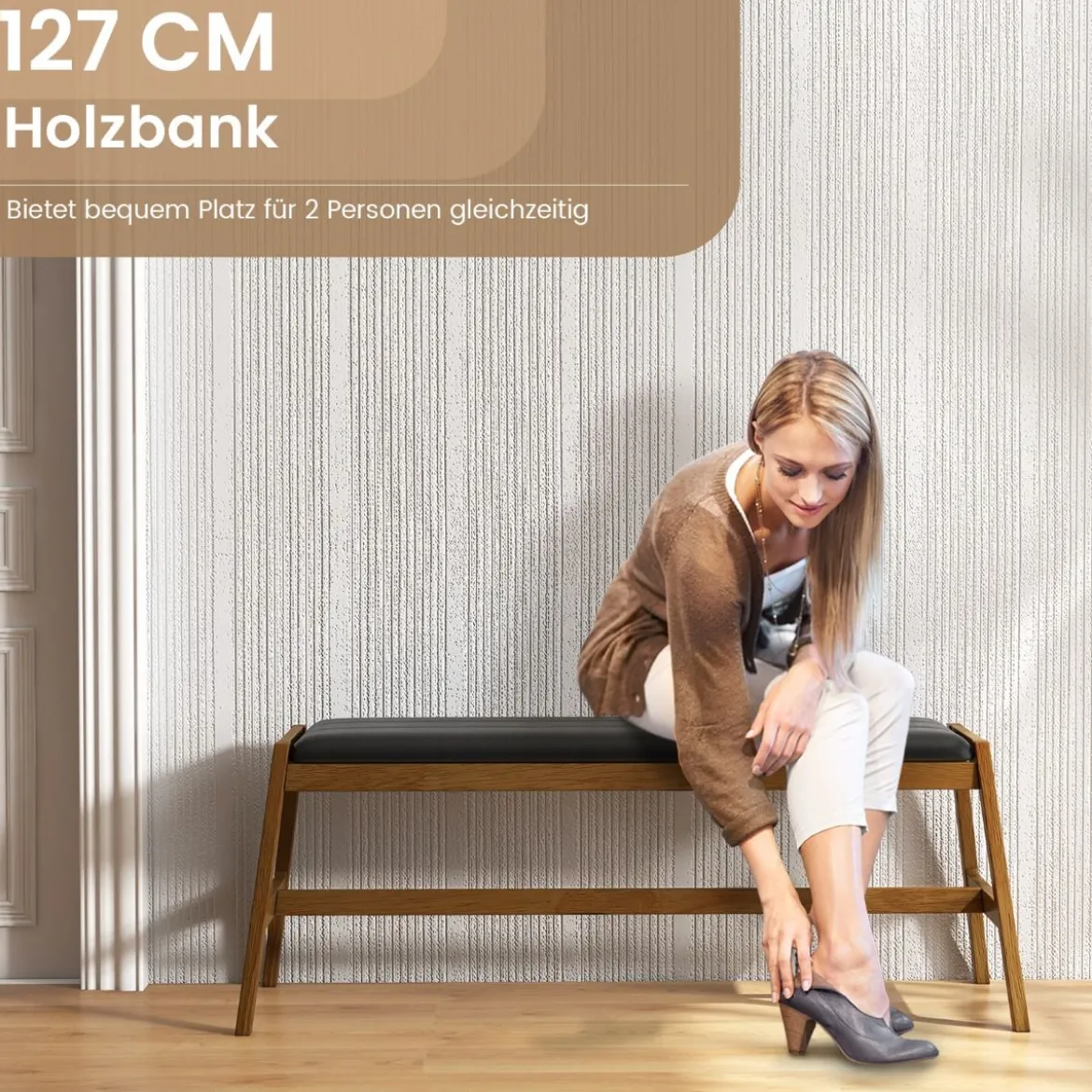 127cm Kautschukholz Sitzbank mit Sitzkissen aus Kunstleder Esszimmerbank Polsterbank Walnuss