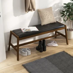 127cm Kautschukholz Sitzbank mit Sitzkissen aus Kunstleder Esszimmerbank Polsterbank Walnuss
