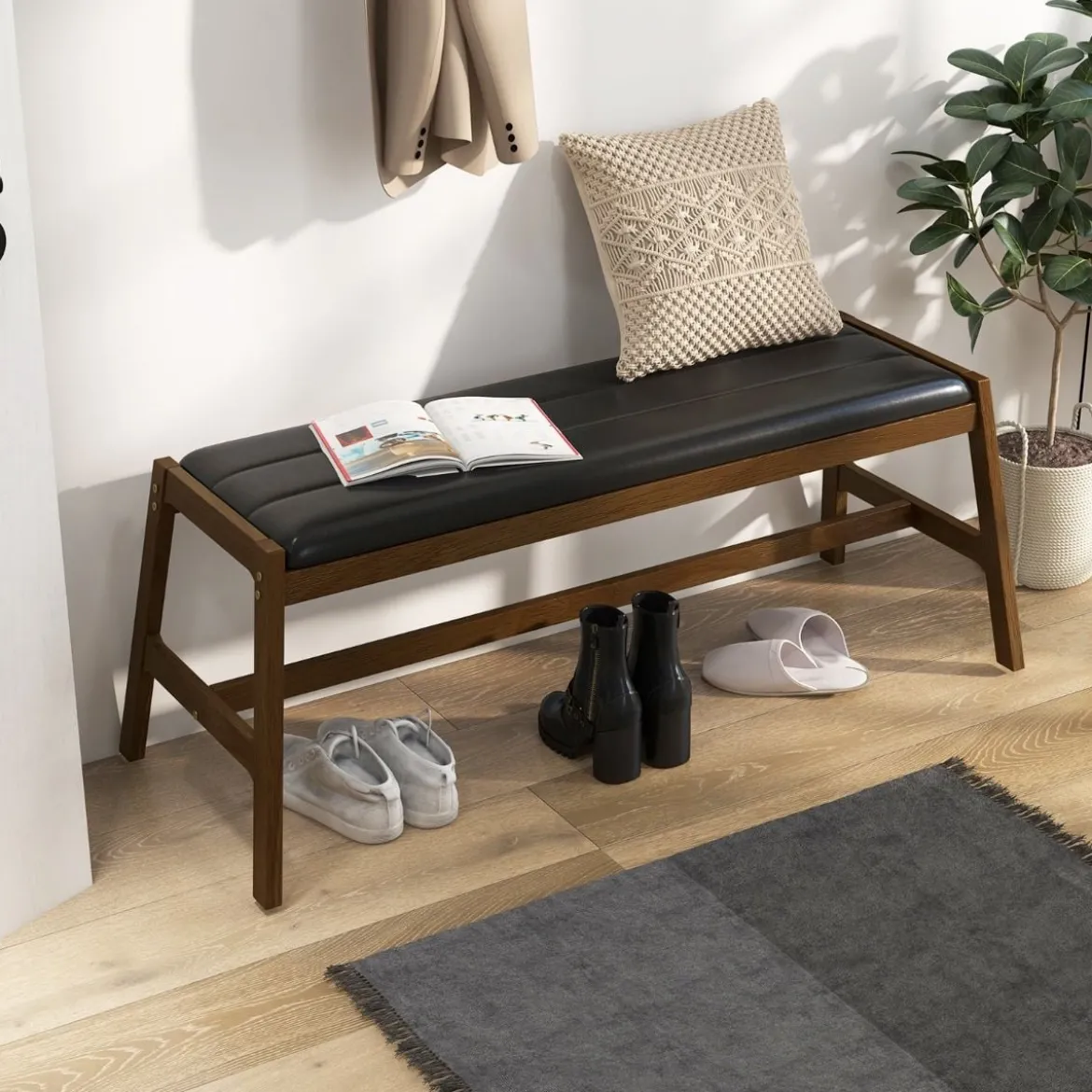 127cm Kautschukholz Sitzbank mit Sitzkissen aus Kunstleder Esszimmerbank Polsterbank Walnuss