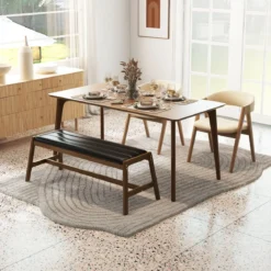 127cm Kautschukholz Sitzbank mit Sitzkissen aus Kunstleder Esszimmerbank Polsterbank Walnuss
