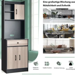 180 cm Küchenschrank aus Holz mit Schublade & Verstellbare Einlegeböden Sideboard Schwarz
