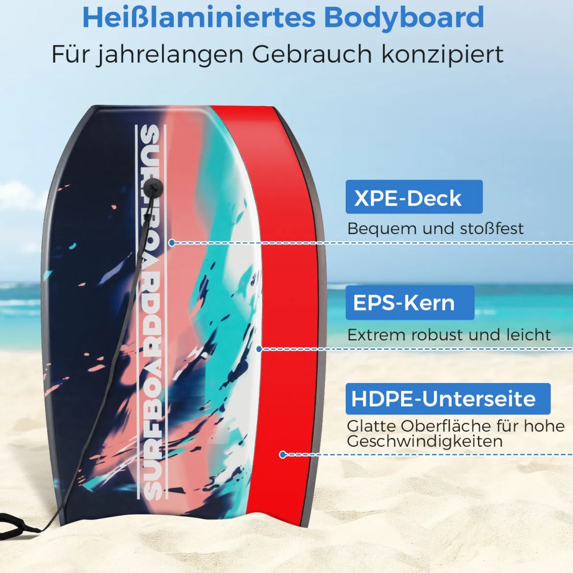 104 cm Kinder Bodyboard mit EPS-Kern & XPE-Deck & HDPE-Unterseite & Handgelenkschlaufe Bunt