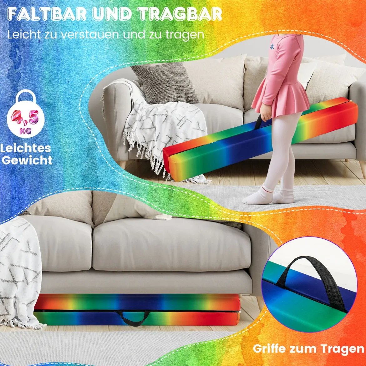 240 cm Kinder Schwebebalken klappbare Balancierbalken Gymnastikbalken mit Tragegriff Bunt