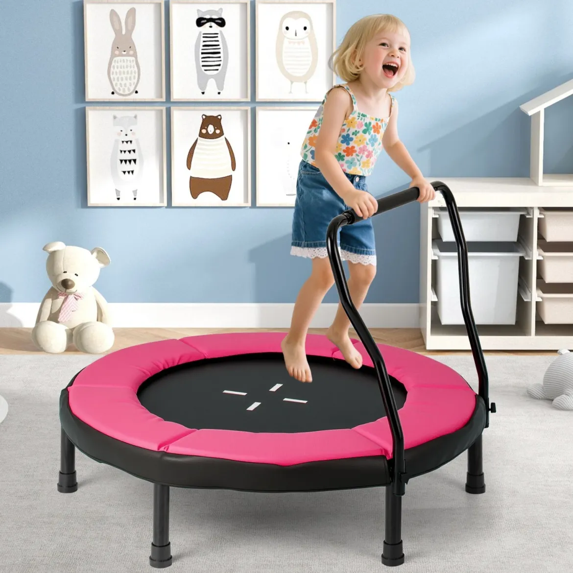Ø102 cm Kinder Trampolin Fitness-Trampolin Indoor mit abnehmbarer Haltegriff Minitrampolin bis 100 kg belastbar Rosa