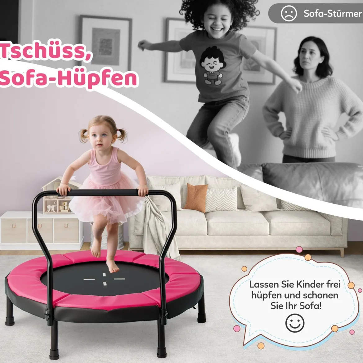 Ø102 cm Kinder Trampolin Fitness-Trampolin Indoor mit abnehmbarer Haltegriff Minitrampolin bis 100 kg belastbar Rosa