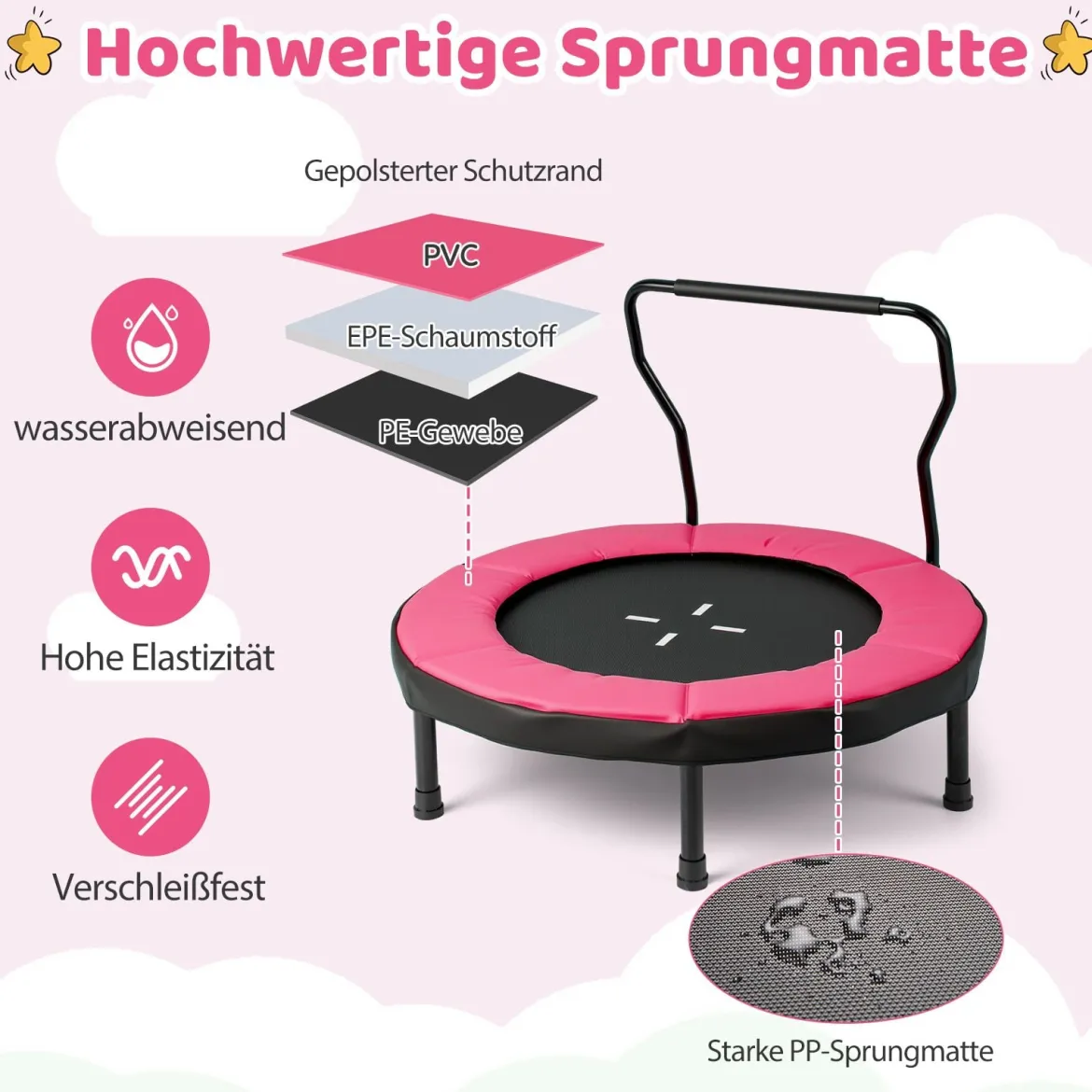 Ø102 cm Kinder Trampolin Fitness-Trampolin Indoor mit abnehmbarer Haltegriff Minitrampolin bis 100 kg belastbar Rosa