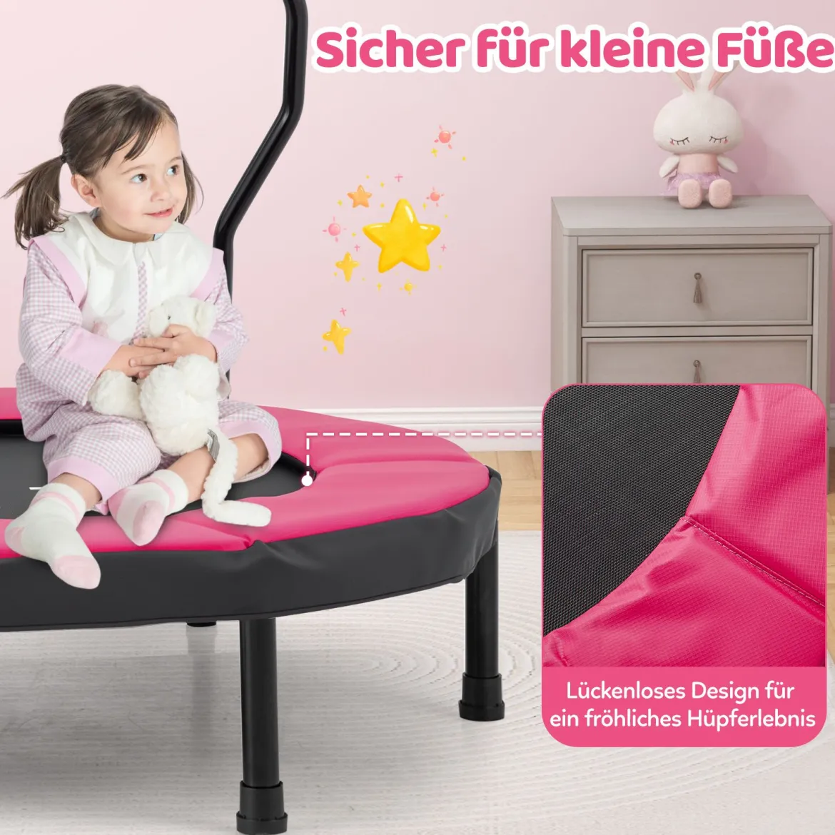 Ø102 cm Kinder Trampolin Fitness-Trampolin Indoor mit abnehmbarer Haltegriff Minitrampolin bis 100 kg belastbar Rosa