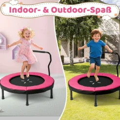 Ø102 cm Kinder Trampolin Fitness-Trampolin Indoor mit abnehmbarer Haltegriff Minitrampolin bis 100 kg belastbar Rosa