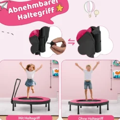 Ø102 cm Kinder Trampolin Fitness-Trampolin Indoor mit abnehmbarer Haltegriff Minitrampolin bis 100 kg belastbar Rosa