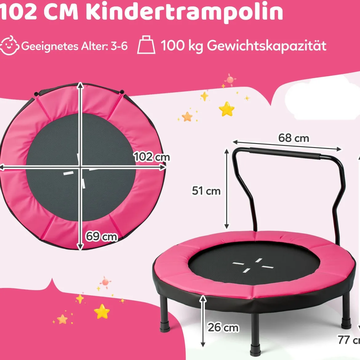 Ø102 cm Kinder Trampolin Fitness-Trampolin Indoor mit abnehmbarer Haltegriff Minitrampolin bis 100 kg belastbar Rosa