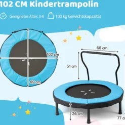Ø102 cm Kinder Trampolin mit Abnehmbarer Haltegriff Minitrampolin bis 100 kg Belastbar Blau