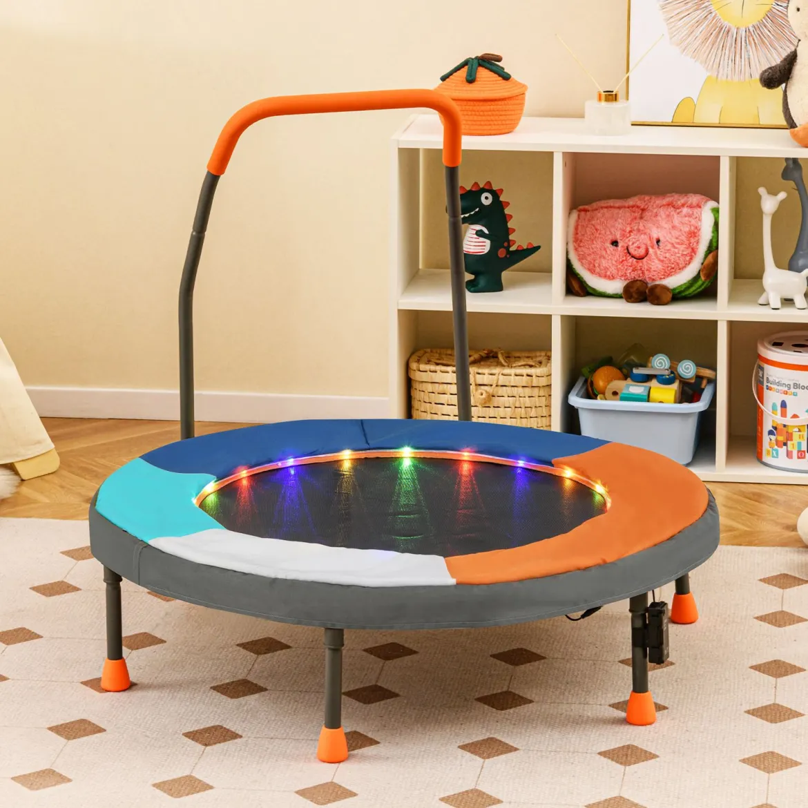Ø90 cm Kindertrampolin mit LED Beleuchtung & Griff & Tragetasche Mini Trampolin Dunkelblau