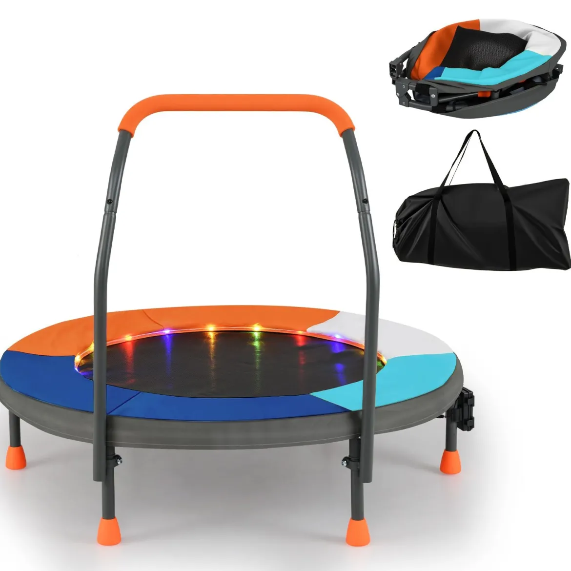 Ø90 cm Kindertrampolin mit LED Beleuchtung & Griff & Tragetasche Mini Trampolin Dunkelblau