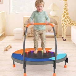 Ø90 cm Kindertrampolin mit LED Beleuchtung & Griff & Tragetasche Mini Trampolin Dunkelblau