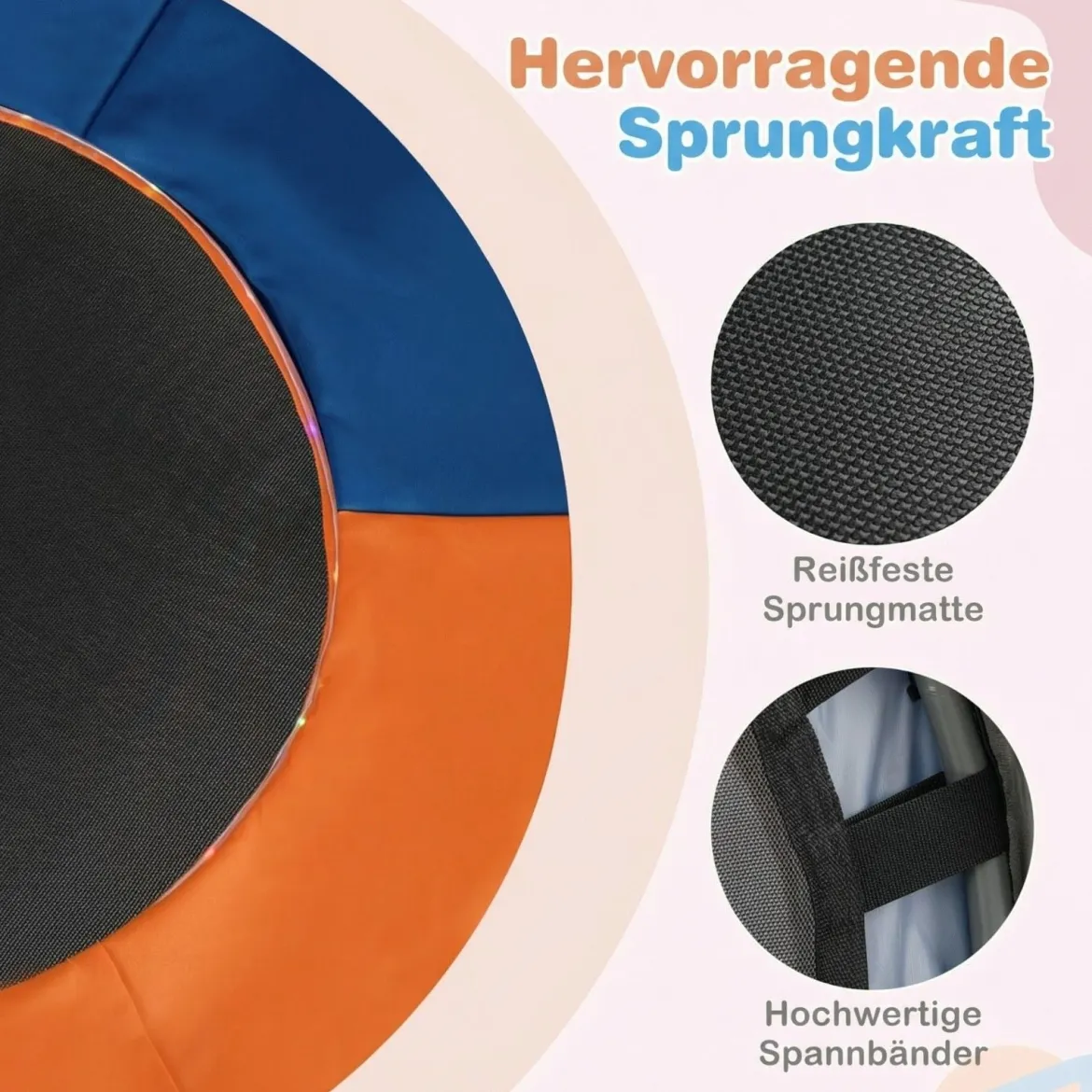Ø90 cm Kindertrampolin mit LED Beleuchtung & Griff & Tragetasche Mini Trampolin Dunkelblau