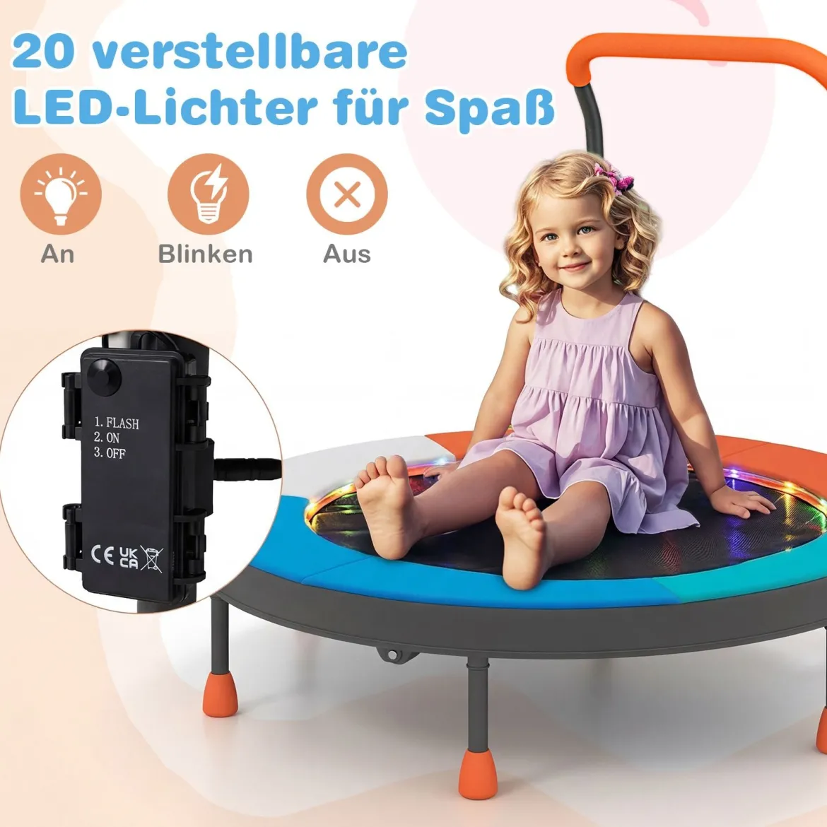 Ø90 cm Kindertrampolin mit LED Beleuchtung & Griff & Tragetasche Mini Trampolin Hellblau