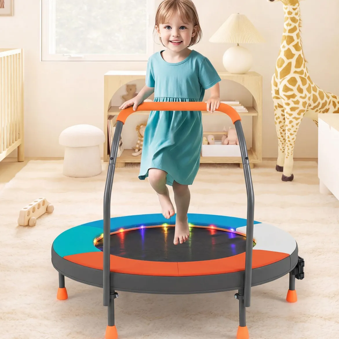Ø90 cm Kindertrampolin mit LED Beleuchtung & Griff & Tragetasche Mini Trampolin Hellblau