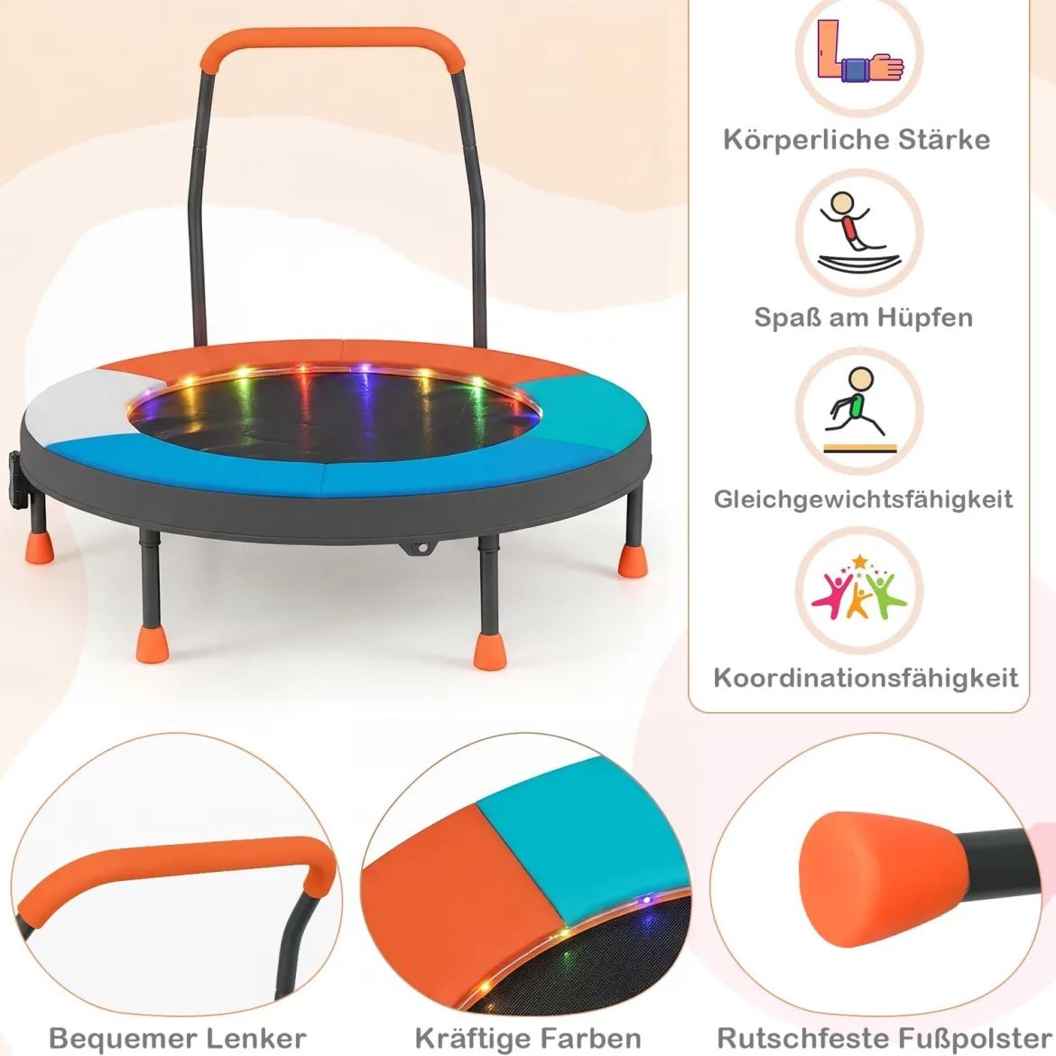 Ø90 cm Kindertrampolin mit LED Beleuchtung & Griff & Tragetasche Mini Trampolin Hellblau