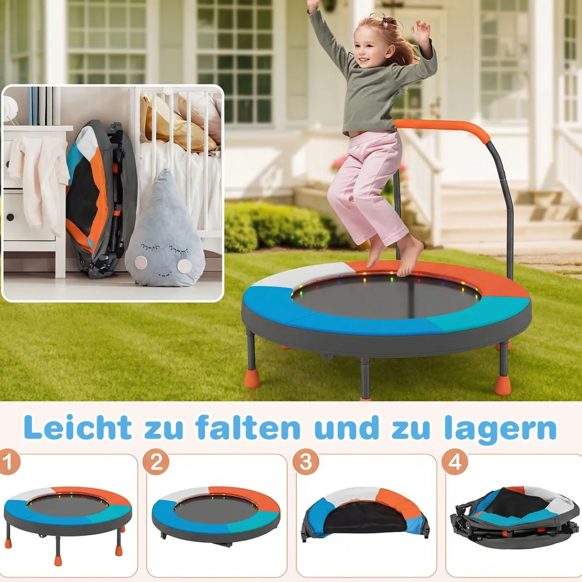 Ø90 cm Kindertrampolin mit LED Beleuchtung & Griff & Tragetasche Mini Trampolin Hellblau