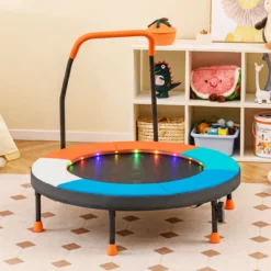 Ø90 cm Kindertrampolin mit LED Beleuchtung & Griff & Tragetasche Mini Trampolin Hellblau