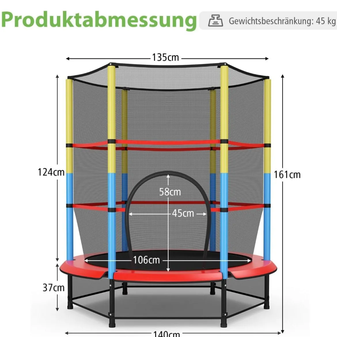 Ø140 cm Kinder-Trampolin mit Sicherheitsnetz Gartentrampolin Kindertrampolin Schwarz + Bunt