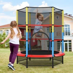 Ø140 cm Kinder-Trampolin mit Sicherheitsnetz Gartentrampolin Kindertrampolin Schwarz + Bunt