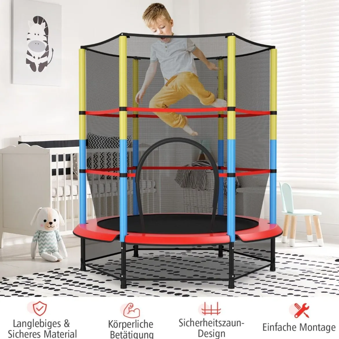 Ø140 cm Kinder-Trampolin mit Sicherheitsnetz Gartentrampolin Kindertrampolin Schwarz + Bunt
