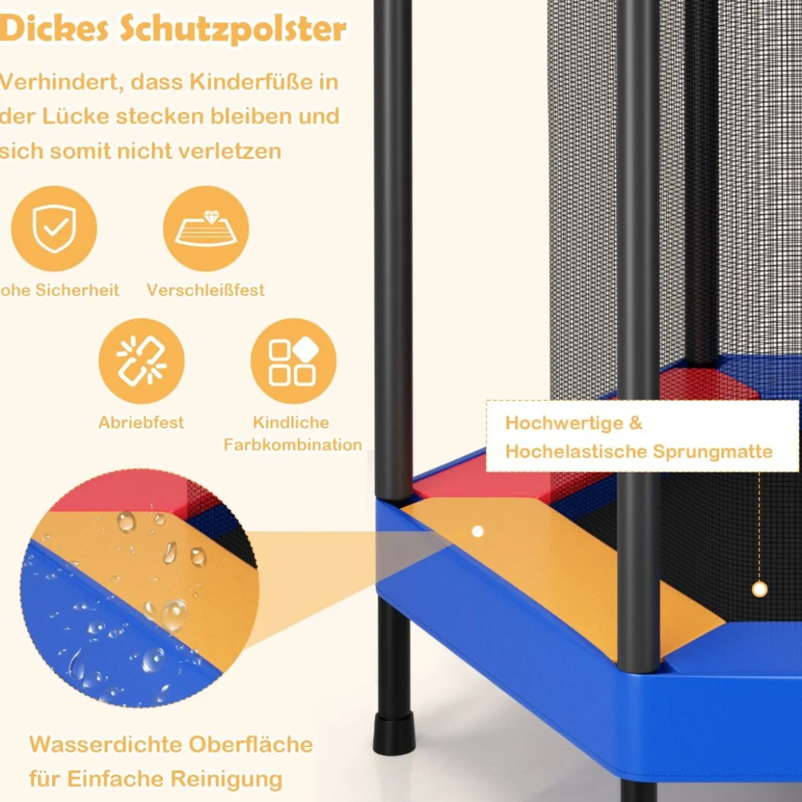 Ø122 cm Kinder-Trampolin Outdoor- & Indoor-Trampolin mit Sicherheitsnetz Blau + Schwarz