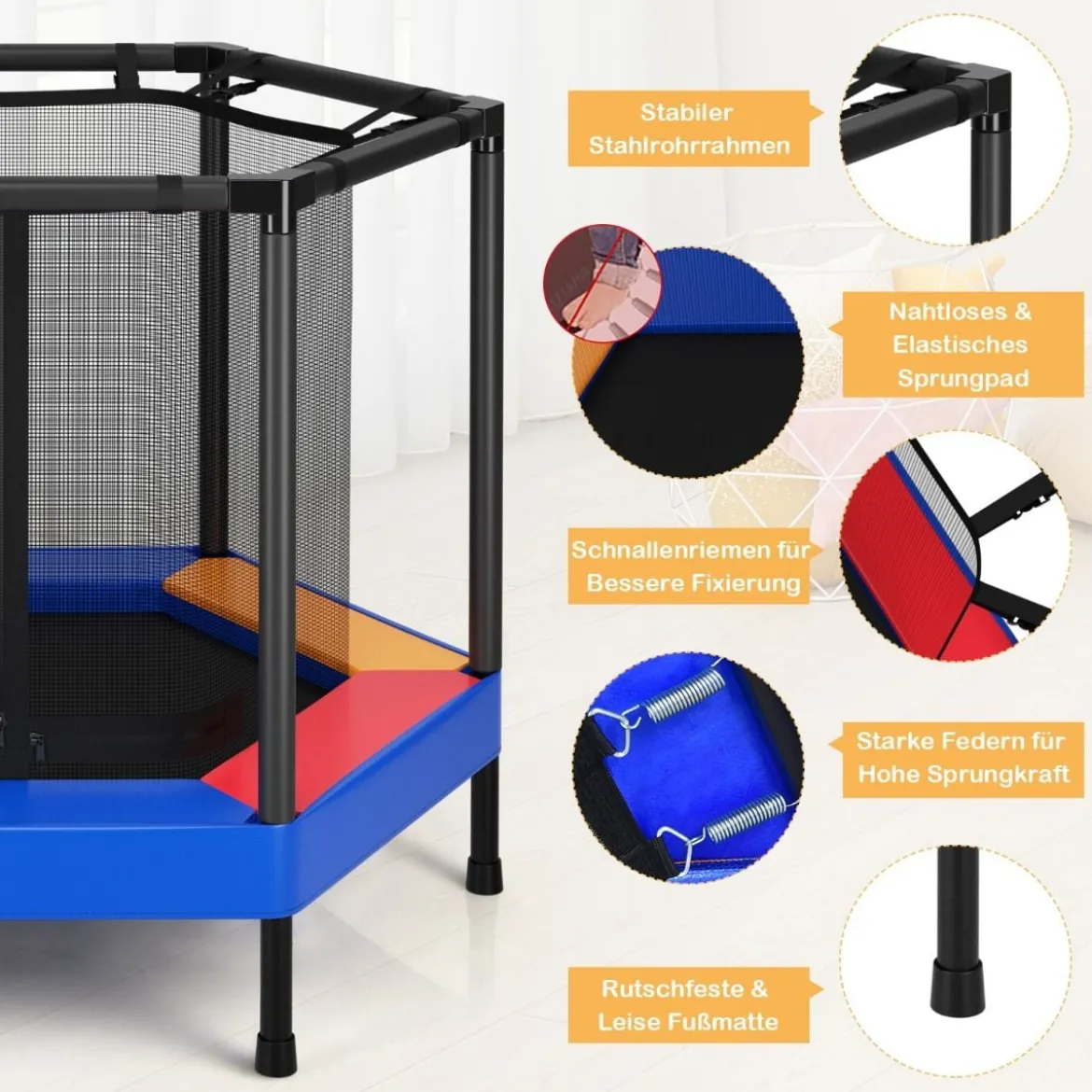 Ø122 cm Kinder-Trampolin Outdoor- & Indoor-Trampolin mit Sicherheitsnetz Blau + Schwarz