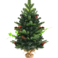 60 cm Kleiner Weihnachtsbaum eleuchteter Christbaum mit roten Beeren und LED-Lichtern Grün