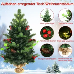 60 cm Kleiner Weihnachtsbaum eleuchteter Christbaum mit roten Beeren und LED-Lichtern Grün