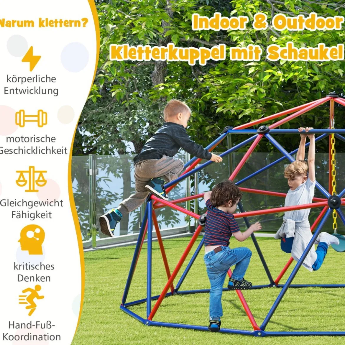 Ø 305cm Kletterkuppel mit Schaukel Klettergerüst in Kuppelform Kletterleiter 363 kg Belastbar Rot