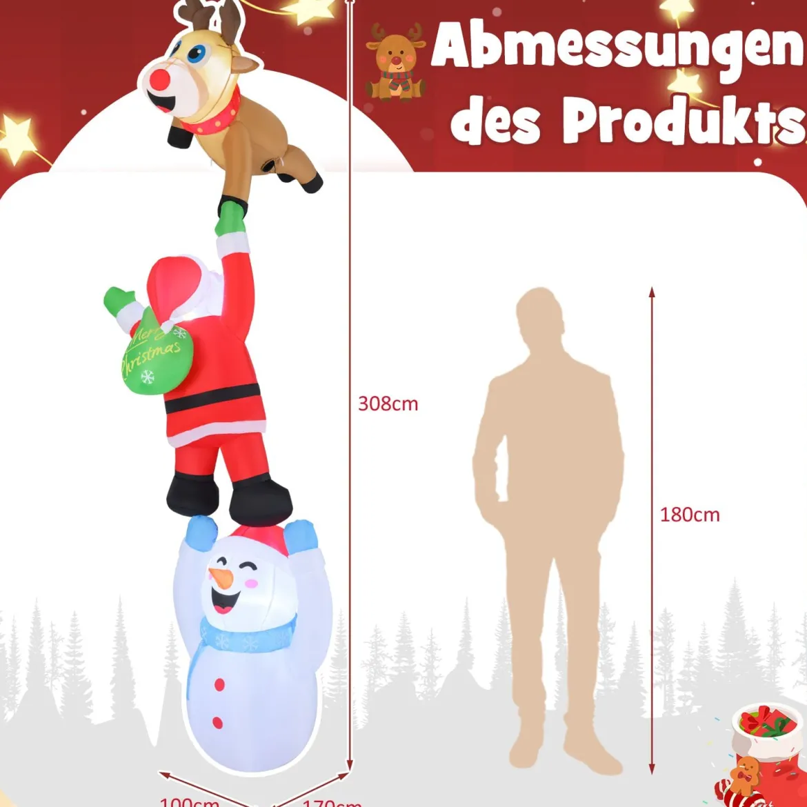308 cm Klettternder Weihnachtsmann & Rentier & Schneemann Hängende Aufblasbare Weihnachtsdeko