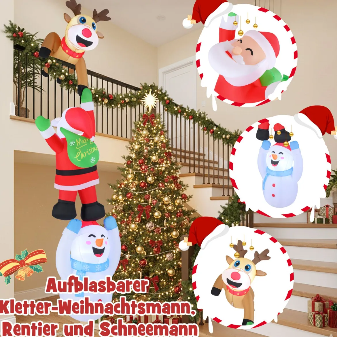 308 cm Klettternder Weihnachtsmann & Rentier & Schneemann Hängende Aufblasbare Weihnachtsdeko