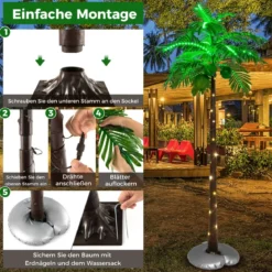 180 cm Künstliche beleuchtete Palme mit 309 LED-Lichtern & 3 Kokosnüssen & Wasserbeutel